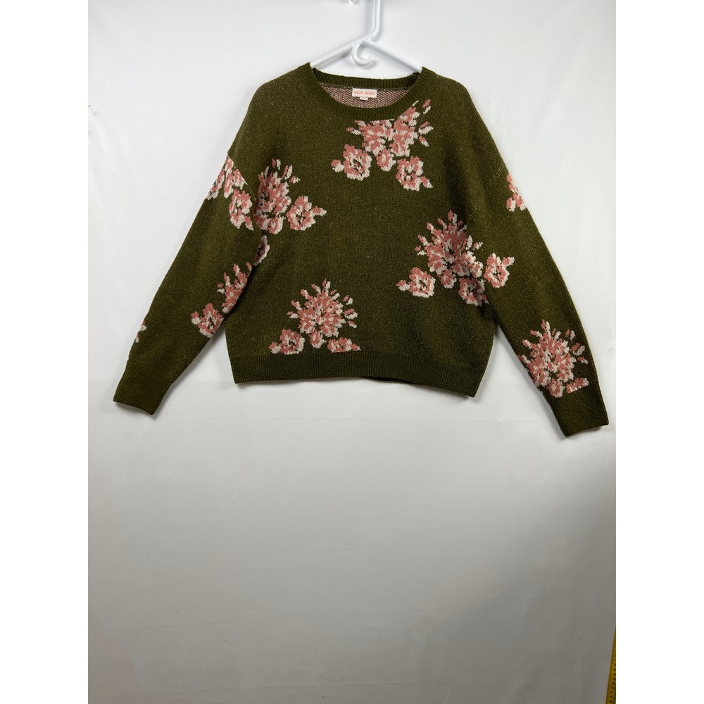 Knox Rose Sweater Women Large Green Pink Floral Crew Neck Pullover Boho Relaxed